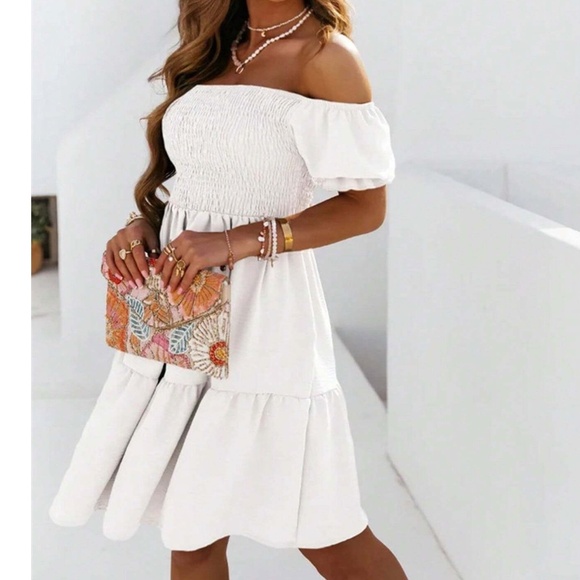 Boho Shirred Puff Sleeve Off Shoulder Mini Dress - Picture 3 of 8